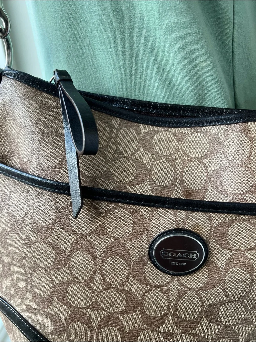 Coach Brown Monogram Crossbody Bag with Black Trim